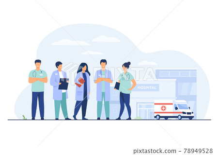 Group of doctors standing at hospital building Group of doctors standing at hospital building 78949528