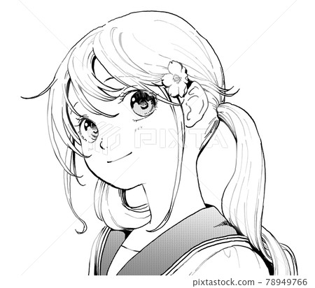一個穿著水手服、梳著辮子的女孩的單色插圖,微笑版 一個穿著水手服、梳著辮子的女孩的單色插圖,微笑版 78949766
