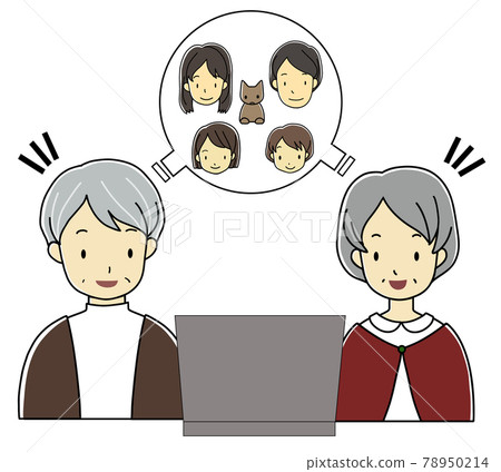 爺爺奶奶和孩子的夫妻/孫子在網上聊天的手繪插畫，遠距離見面難 78950214