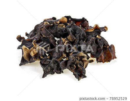 Dry black fungus, tree ear or wood ear mushroom isolated on white background. Dry black fungus, tree ear or wood ear mushroom isolated on white background. 78952529