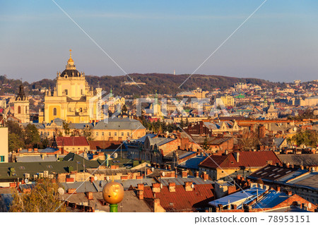 Aerial view of St. George's Cathedral and old town of Lviv in Ukraine. Lvov cityscape. View from bell tower of Church of Sts. Olha and Elizabeth 78953151