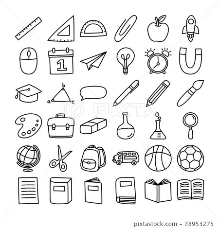 Back to school icon set doodle style. Education hand drawn objects and symbols with thin line. Back to school icon set doodle style. Education hand drawn objects and symbols with thin line. 78953275