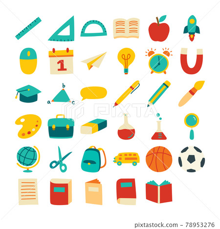 Back to school icon set flat color style. Education hand drawn objects and symbols. Back to school icon set flat color style. Education hand drawn objects and symbols. 78953276