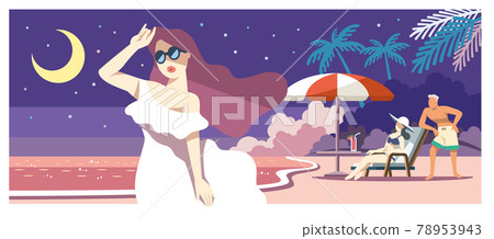 月夜海邊與接受陽光的女人插畫素材 月夜海邊與接受陽光的女人插畫素材 78953943