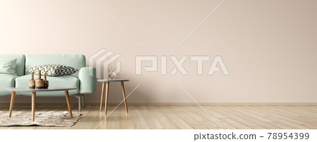 Modern interior design of living room. Green sofa, and wooden coffee tables over beige wall with copy space. Panorama. 3d rendering 78954399