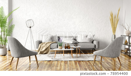 Modern interior design of apartment. Cozy living room with gray sofa, coffee tables and armchairs. Home. 3d rendering 78954400