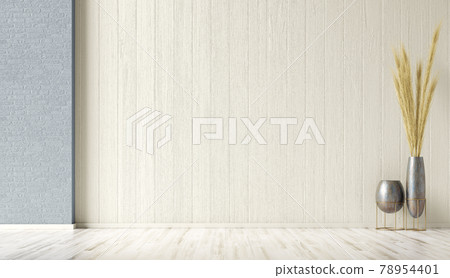 Interior background of empty room with beige and blue stucco, brick wall with copy space and pot with pampas grass 3d rendering 78954401