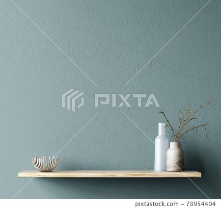 Interior design of living room with wooden shelf. Wall decor with decorative branch in vase. Turquoise wall with copy space. Modern home background. 3d rendering Interior design of living room with wooden shelf. Wall decor with decorative branch in vase. Turquoise wall with copy space. Modern home background. 3d rendering 78954404