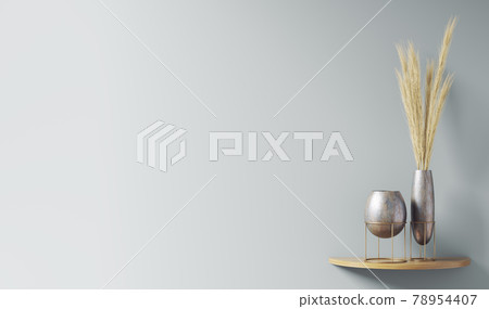 Interior design of living room with wooden shelf.  Wall decor with pampas grass in decorative vase. Pastel blue wall with copy space. Modern home decoration, background template. 3d rendering 78954407