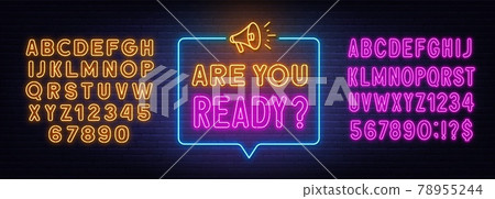 Are You Ready neon sign in the speech bubble on brick wall background. 78955244