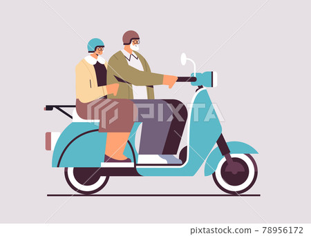 senior couple in helmets driving scooter grandparents traveling on moped active old age concept 78956172