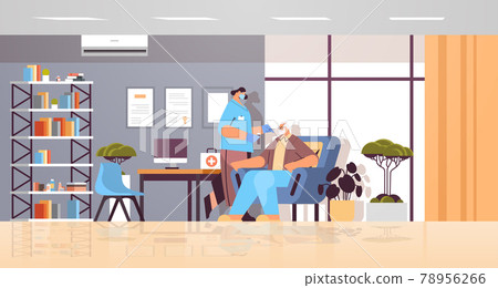 female doctor in mask taking swab test for coronavirus sample from senior man patient PCR diagnostic procedure 78956266