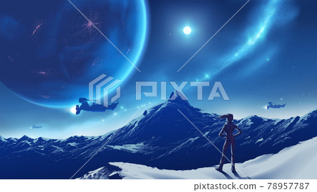 a lady standing on the peak looking at vast mountain scenery viewable of habitable planet in the sky, on an unknown planet. 78957787