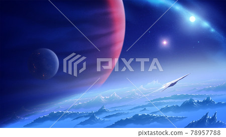 a spaceship is flying from an unknown planet in the universe with the background of a nebula and a giant gas planet a spaceship is flying from an unknown planet in the universe with the background of a nebula and a giant gas planet 78957788