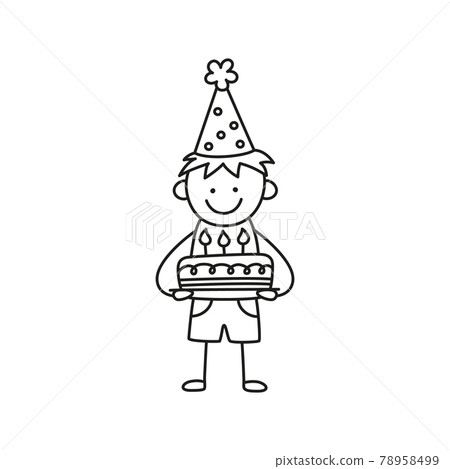 A kid holds a cake with candles at a birthday party. Boy in a festive hat on holiday. Hand drawn children drawing. Vector illustration isolated in doodle style on white background 78958499