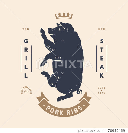 Pork, pig. Template Label. Vintage retro print 78959469