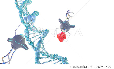 Medical nanobots repair a damaged section of DNA. 3D render. Medical nanobots repair a damaged section of DNA. 3D render. 78959690