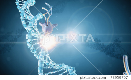 Medical nanobots repair a damaged section of DNA. 3D render. Medical nanobots repair a damaged section of DNA. 3D render. 78959707