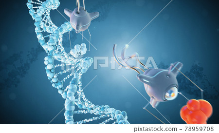 Medical nanobots repair a damaged section of DNA. 3D render. Medical nanobots repair a damaged section of DNA. 3D render. 78959708