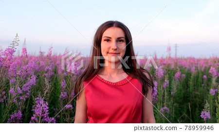 Portrait of a young brunette among the willow tea inflorescences at sunset. girl in high stems of 78959946