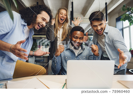 Happy overjoyed business team celebrate corporate victory Happy overjoyed business team celebrate corporate victory 78960460