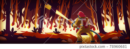 Fireman fight with fire in forest, catastrophe 78960681