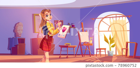 Art school cartoon banner. Artist girl at easel 78960752