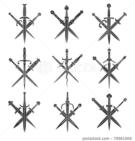 Set of simple monochrome vector images of medieval crossed dagger. Set of simple monochrome vector images of medieval crossed dagger. 78961008