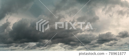 Panorama view of overcast sky. Dramatic gray sky and white clouds before rain in rainy season. Cloudy and moody sky. Storm sky. Cloudscape. Gloomy and moody background. Overcast clouds. 78961877