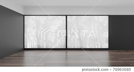 empty modern studio with big windows and foggy forest view with wooden floor and dark walls 3d render illustration empty modern studio with big windows and foggy forest view with wooden floor and dark walls 3d render illustration 78963080