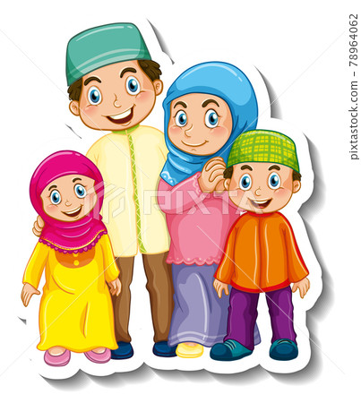 Sticker template with Muslim family cartoon character 78964062