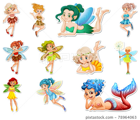 Set of stickers with beautiful fairies and mermaid cartoon character 78964063