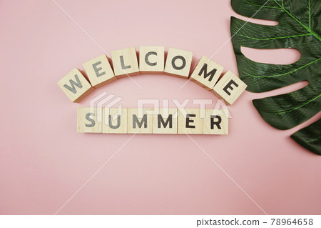 Welcome Summer message alphabet letter with green monstera leave on pink background Welcome Summer message alphabet letter with green monstera leave on pink background 78964658
