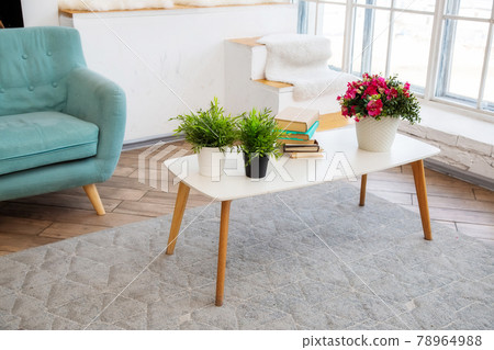 A white coffee table stands near a window with potted plants and books on it 78964988