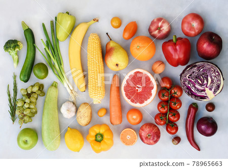Fresh harvested rainbow fruits and vegetables from market: zucchini and orange, tomato and corn, apple and pepper, carrot and greens Fresh harvested rainbow fruits and vegetables from market: zucchini and orange, tomato and corn, apple and pepper, carrot and greens 78965663