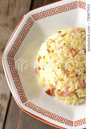 A bird's-eye view of a single item, Gomoku fried rice, containing various ingredients such as Narutomaki and char siu. A bird's-eye view of a single item, Gomoku fried rice, containing various ingredients such as Narutomaki and char siu. 78967950
