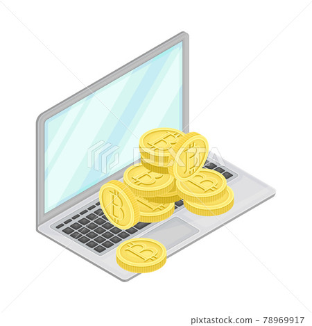 Laptop with Piles of Bitcoin Gold Coins as Online Payment Vector Isometric Illustration Laptop with Piles of Bitcoin Gold Coins as Online Payment Vector Isometric Illustration 78969917