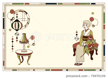 Kimono woman and retro round window vector frame illustration material Kimono woman and retro round window vector frame illustration material 78970149