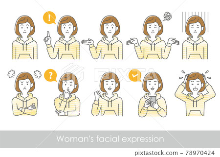 插圖集上身姿勢變化的女人穿著連帽衫的面部表情 插圖集上身姿勢變化的女人穿著連帽衫的面部表情 78970424