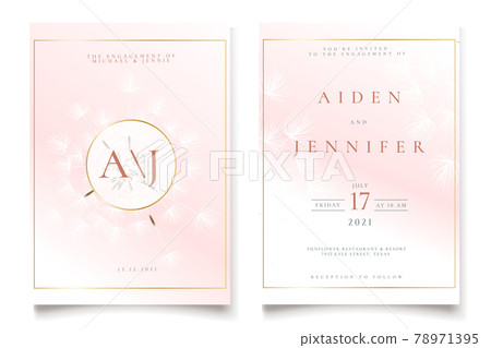 Wedding invitation template in cute peach colors with white transparent fluffy dandelions 78971395