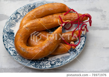 portuguese smoked sausages farinheira on beautiful dish 78971976