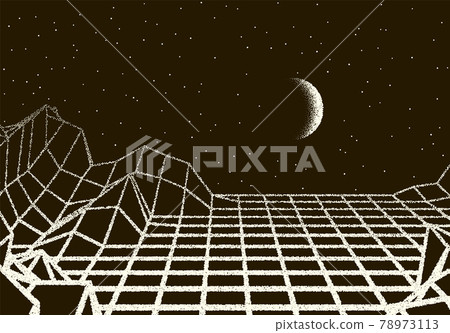 Retro dotwork landscape with 80s styled laser grid, planet, sun and stars background from old sci-fi book or poster Retro dotwork landscape with 80s styled laser grid, planet, sun and stars background from old sci-fi book or poster 78973113