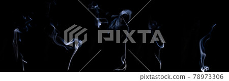 Smoke abstract set. Blur white smoke, abstract fog or steam mist cloud group isolated on black background. For overlay in pollution, vapor cigarette, gas, dry ice. 78973306