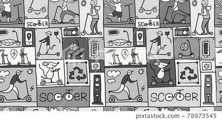 Scooter Comics Background. Ecological Green transport concept. Seamless pattern for your design. Grayscale color Scooter Comics Background. Ecological Green transport concept. Seamless pattern for your design. Grayscale color 78973545
