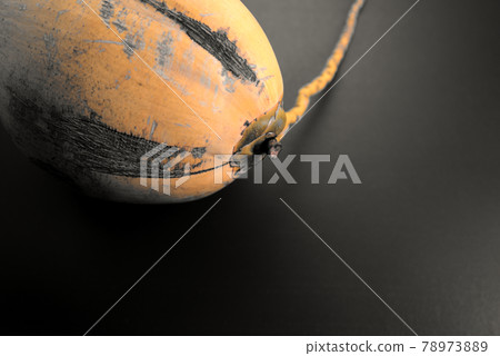 Fresh one raw coconut fruit with muted moody yellow color flat lay on black texture abstract background. Dark moody photography. Negative space, free space, horizontal, pop art, fine art image style. 78973889