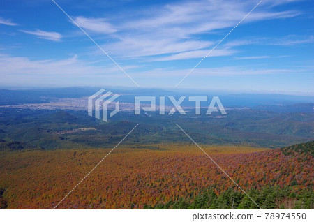 Aomori Prefecture Aomori City and Mutsu Bay as seen from the observation deck of Hakkoda Ropeway Sancho Koen Station during the autumn colors 78974550