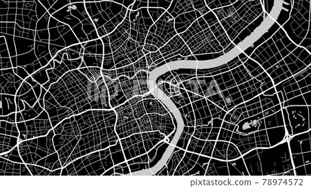 Black and white grey Shanghai City area vector background map, streets and water cartography illustration. 78974572