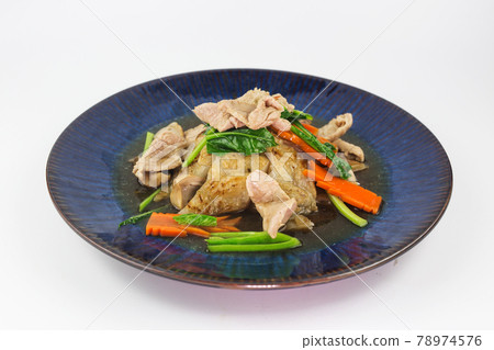 Fried Noodles with Pork in Gravy Sauce on white background , Thai Style food 78974576