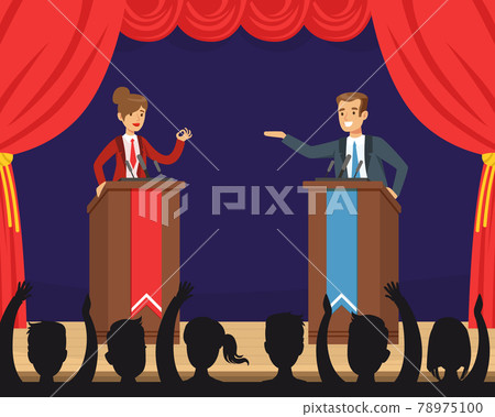 Leaders of Opposing Political Parties Talking on Public Debates, Politicians Standing Behind Rostrum and Giving Speech in front of Audience Vector Illustration Leaders of Opposing Political Parties Talking on Public Debates, Politicians Standing Behind Rostrum and Giving Speech in front of Audience Vector Illustration 78975100