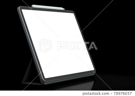 Computer tablet with blue cover case and pencil isolated on black background. Computer tablet with blue cover case and pencil isolated on black background. 78976037